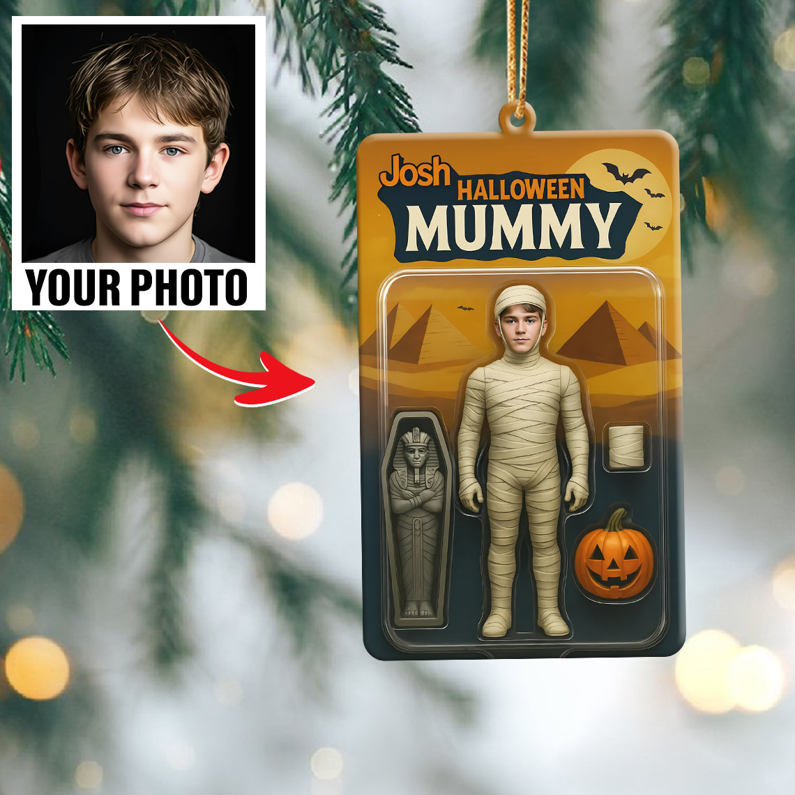 Turn Your Photo into an Action Figure - Custom Photo Ornament Toy Box Portrait | Halloween Mummy