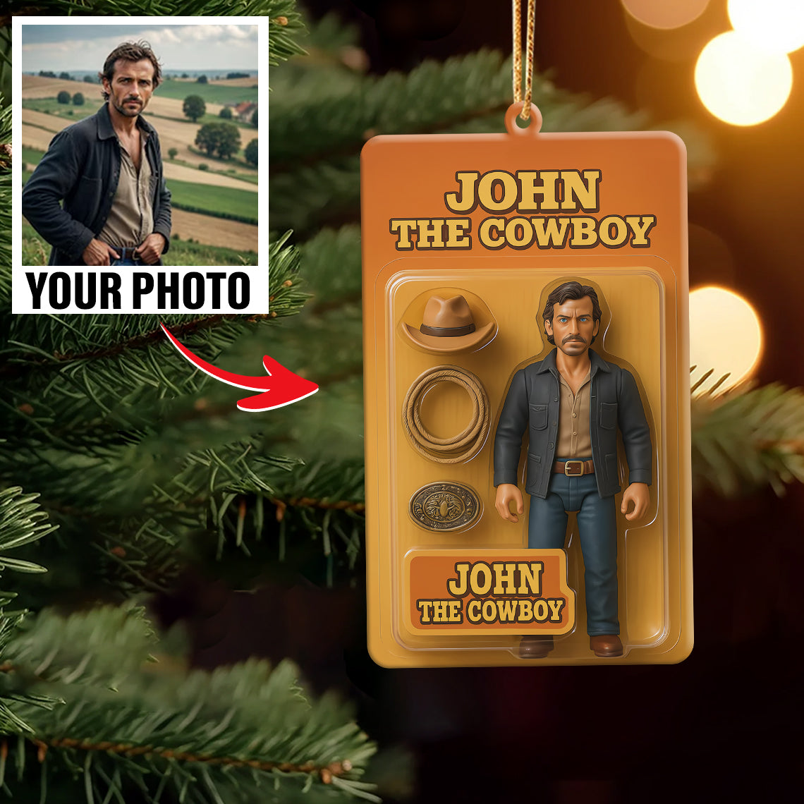 Turn Your Photo into an Action Figure - Custom Photo Ornament Toy Box Portrait | Cowboy