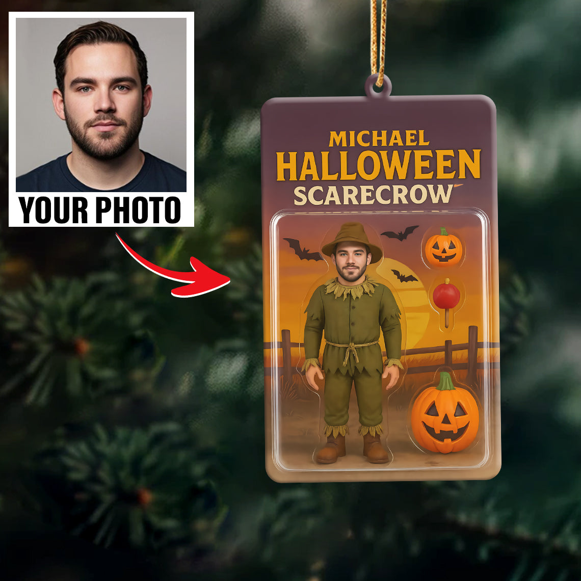 Turn Your Photo into an Action Figure - Custom Photo Ornament Toy Box Portrait | Halloween Scarecrow