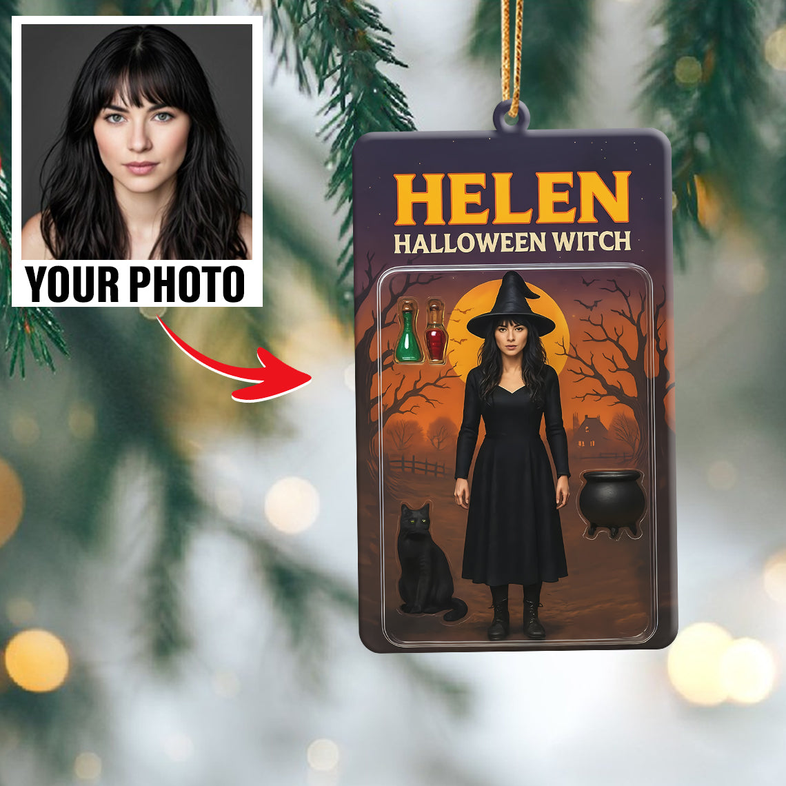 Turn Your Photo into an Action Figure - Custom Photo Ornament Toy Box Portrait | Halloween Witch