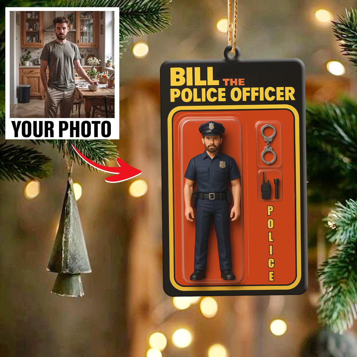 Turn Your Photo into an Action Figure - Custom Photo Ornament Toy Box Portrait | Police Officer