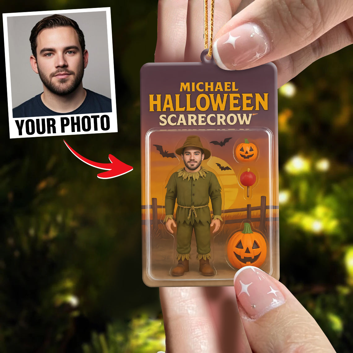 Turn Your Photo into an Action Figure - Custom Photo Ornament Toy Box Portrait | Halloween Scarecrow