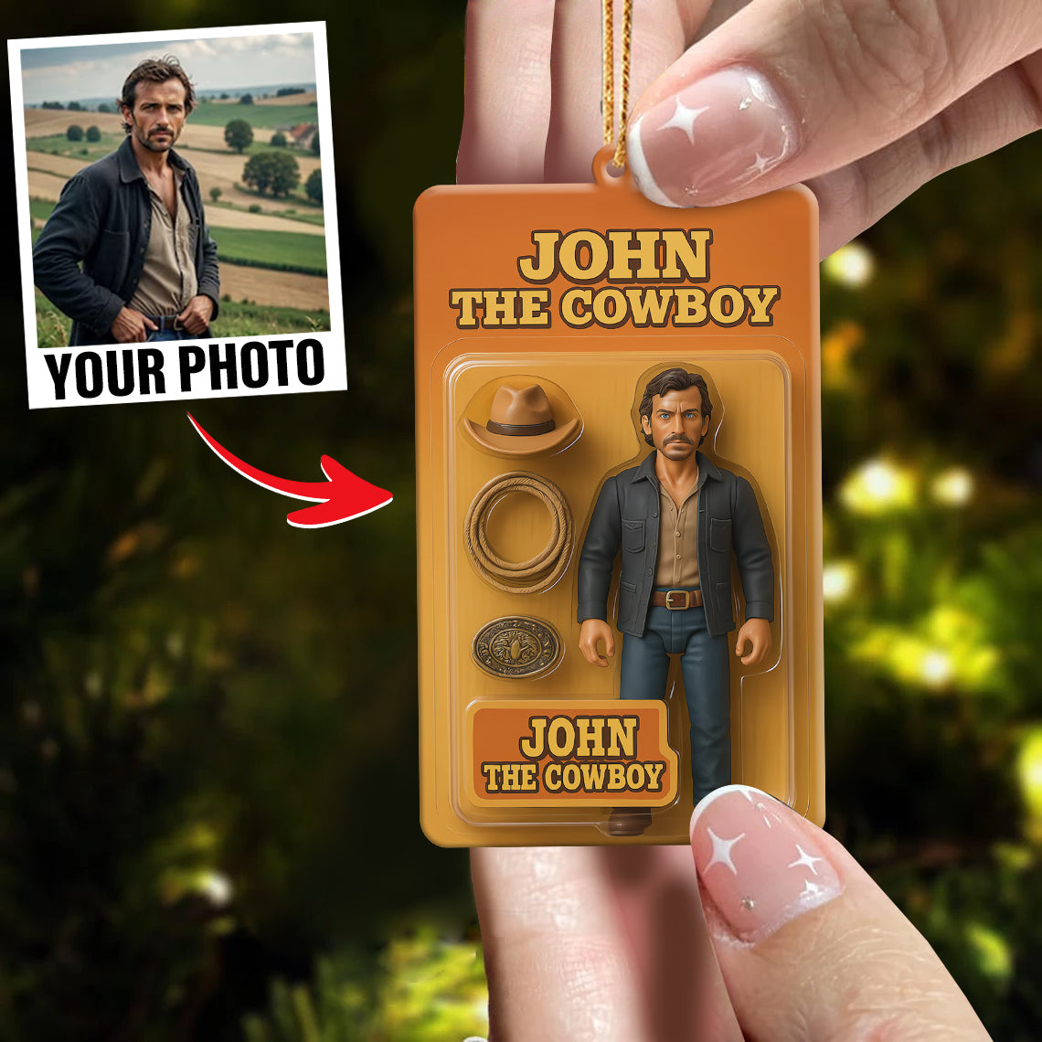Turn Your Photo into an Action Figure - Custom Photo Ornament Toy Box Portrait | Cowboy