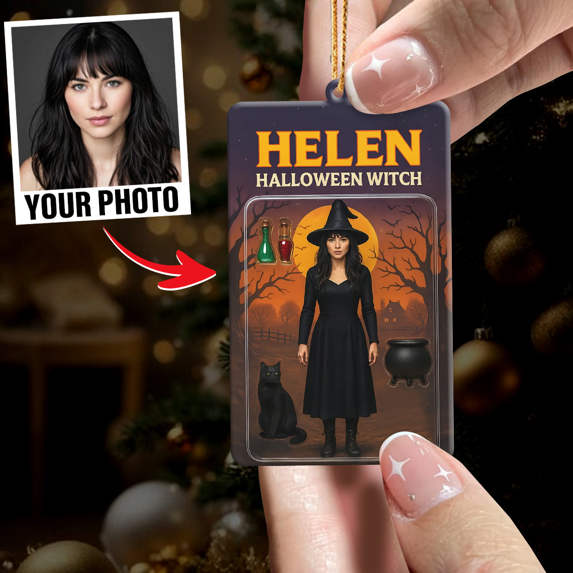 Turn Your Photo into an Action Figure - Custom Photo Ornament Toy Box Portrait | Halloween Witch