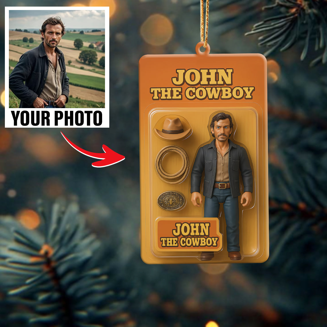 Turn Your Photo into an Action Figure - Custom Photo Ornament Toy Box Portrait | Cowboy