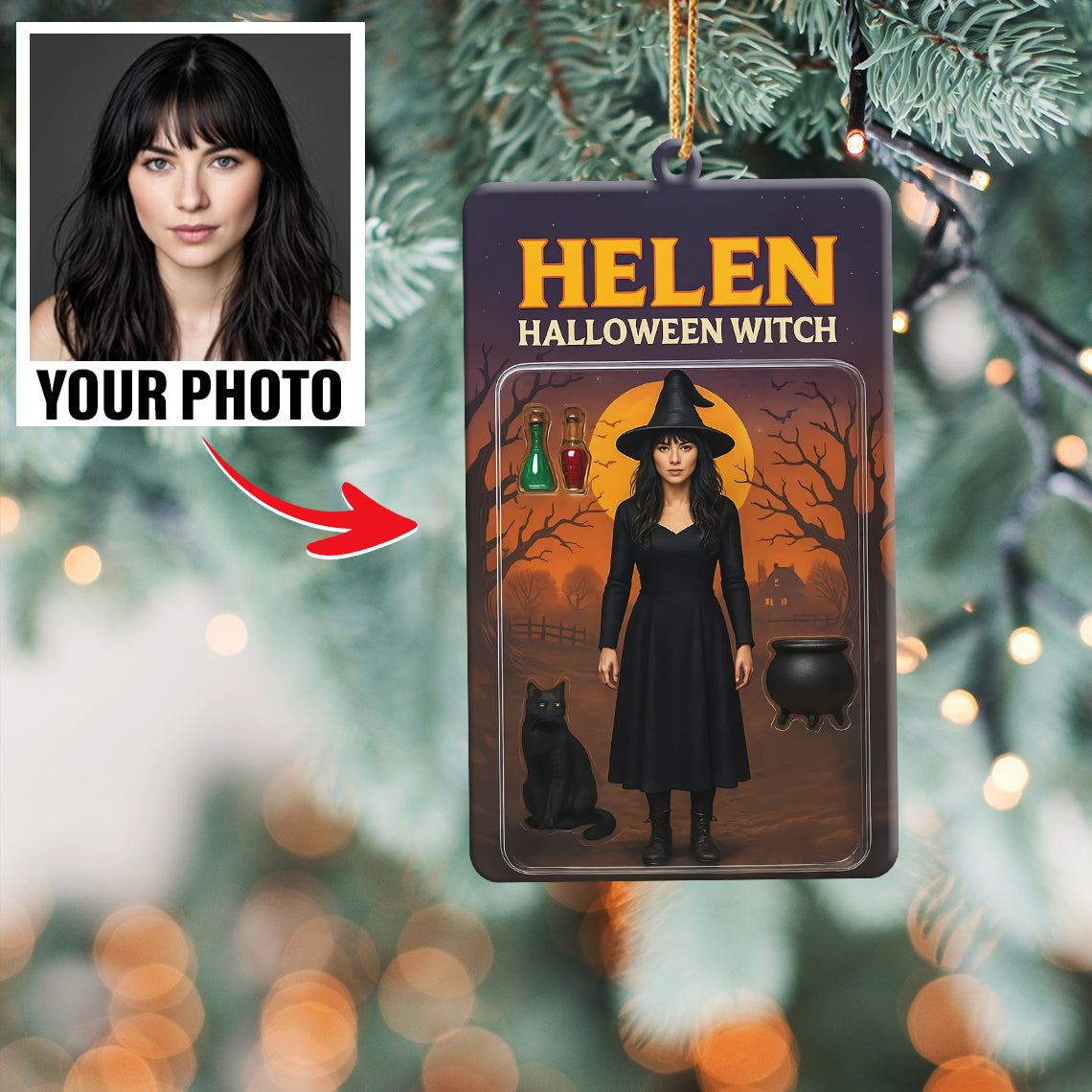 Turn Your Photo into an Action Figure - Custom Photo Ornament Toy Box Portrait | Halloween Witch