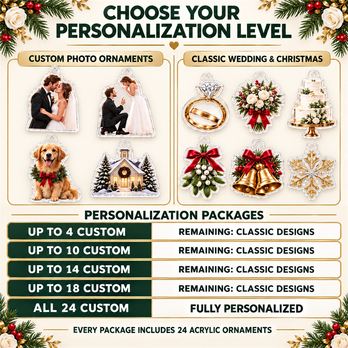 Personalized Newlywed Advent Calendar with 24 Custom Photo Acrylic Ornaments, Our First Christmas Married Gift, Wedding Keepsake for Couple