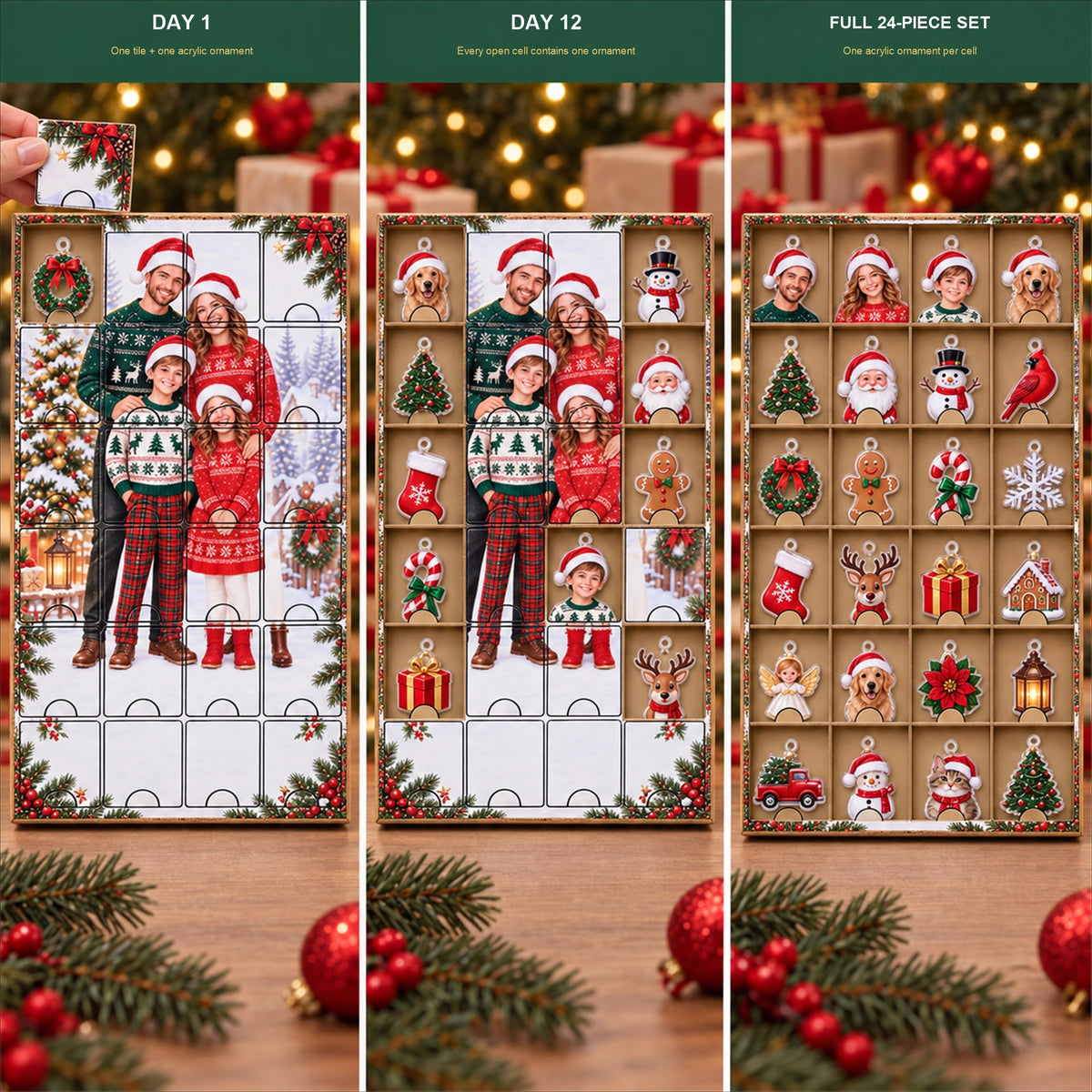Personalized Family Advent Calendar with 24 Custom Photo Acrylic Ornaments, Wooden Christmas Countdown Box, Custom Holiday Gift for Family