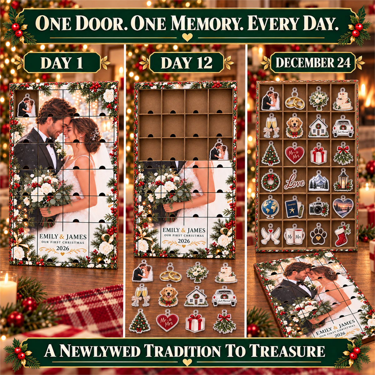 Personalized Newlywed Advent Calendar with 24 Custom Photo Acrylic Ornaments, Our First Christmas Married Gift, Wedding Keepsake for Couple