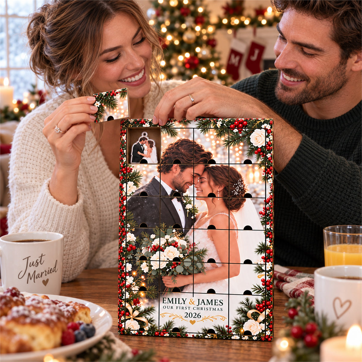 Personalized Newlywed Advent Calendar with 24 Custom Photo Acrylic Ornaments, Our First Christmas Married Gift, Wedding Keepsake for Couple
