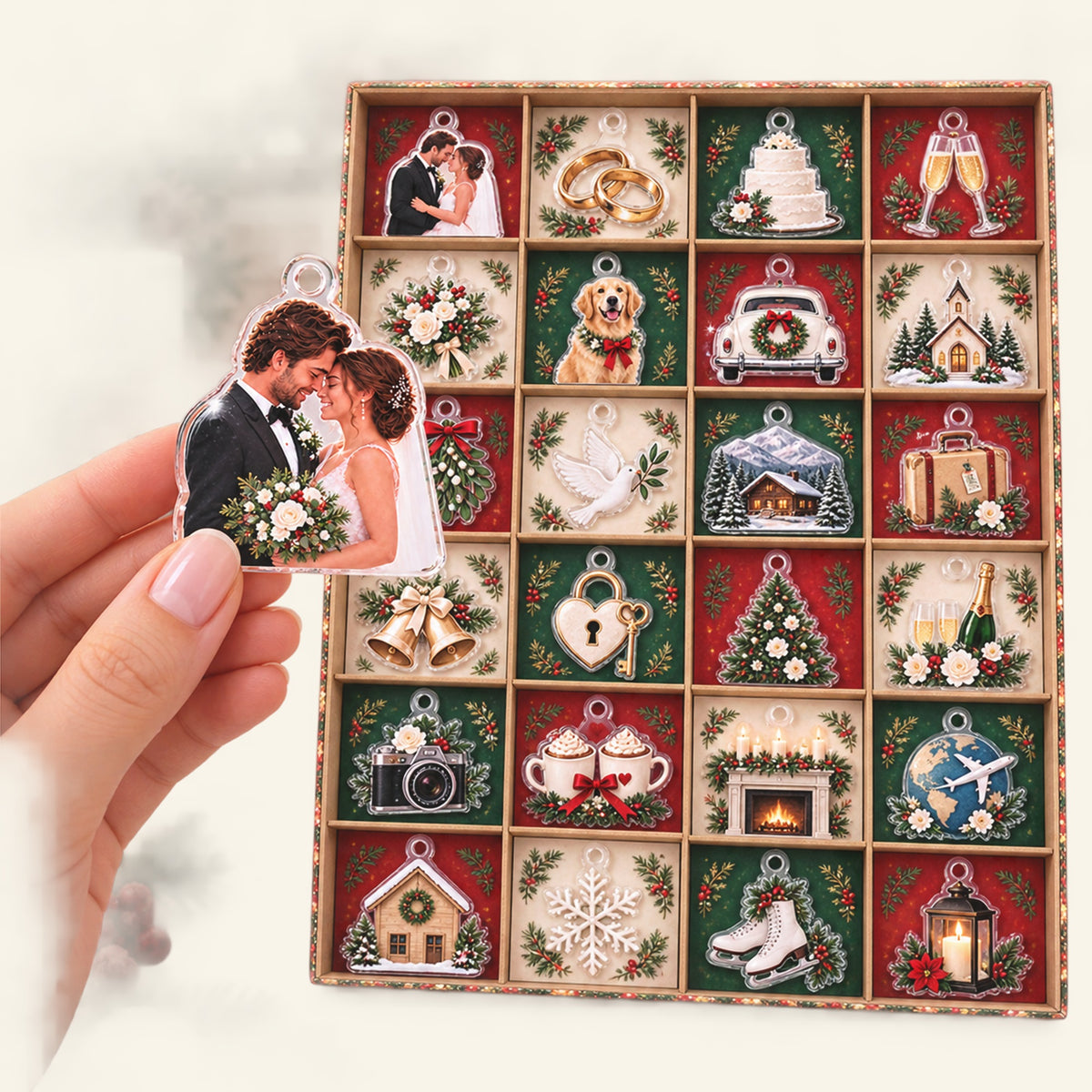 Personalized Newlywed Advent Calendar with 24 Custom Photo Acrylic Ornaments, Our First Christmas Married Gift, Wedding Keepsake for Couple
