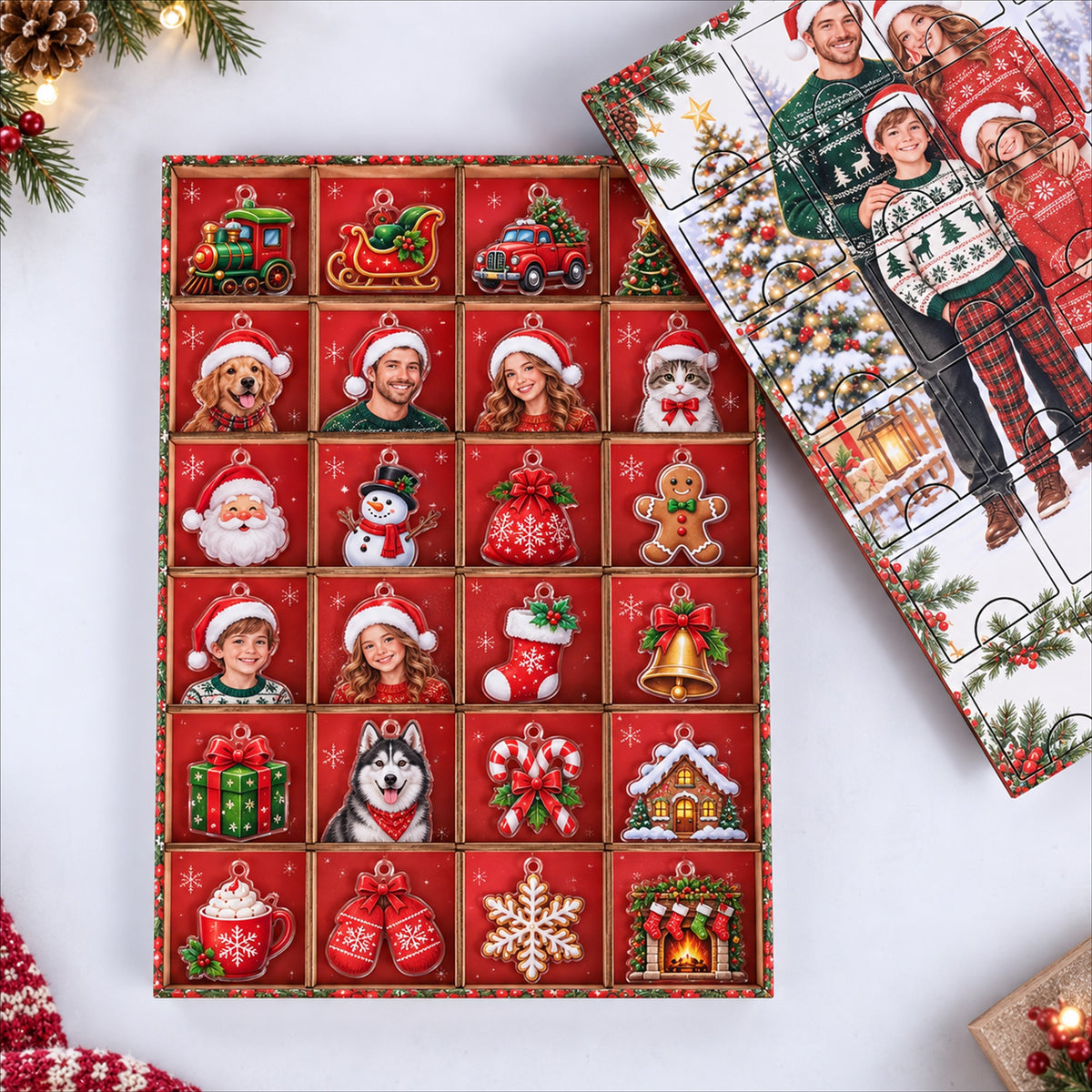 Personalized Family Advent Calendar with 24 Custom Photo Acrylic Ornaments, Wooden Christmas Countdown Box, Custom Holiday Gift for Family