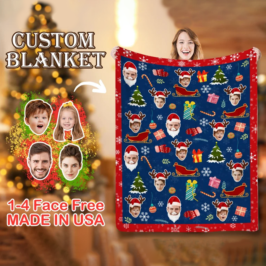Custom Christmas Family Photo Blanket, Christmas Throw, Personalized Faces Blankets, Custom Blanket with Picture,Christmas Gift
