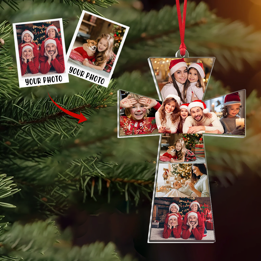 Custom Photo Cross Decoration, Personalized Arcylic Picture Tree Ornament, Gifts for Dad, Mom, Grandma, Grandpa, Christmas Gifts, Christian Tree Decorations | Cross Photo