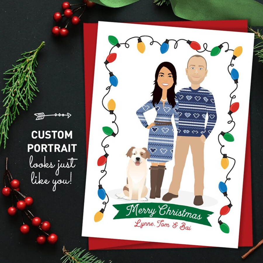 Custom Family Portrait with Pets Card, Custom Greeting Card, Christmas Family Gift