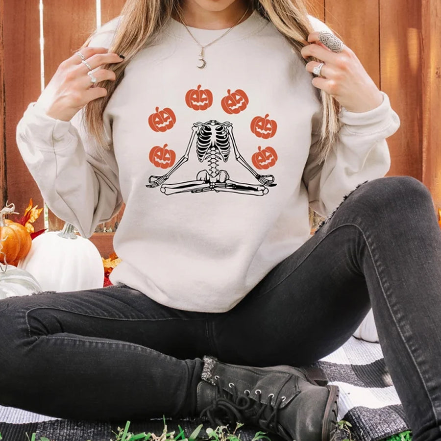 Pumpkin Skeleton Halloween Shirt, Retro Funny Halloween Tee, Skeleton Namaste Halloween T-Shirt, Fall Yoga Shirt, Halloween Gift