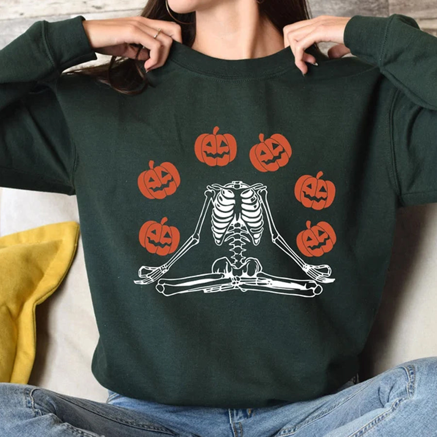 Pumpkin Skeleton Halloween Shirt, Retro Funny Halloween Tee, Skeleton Namaste Halloween T-Shirt, Fall Yoga Shirt, Halloween Gift