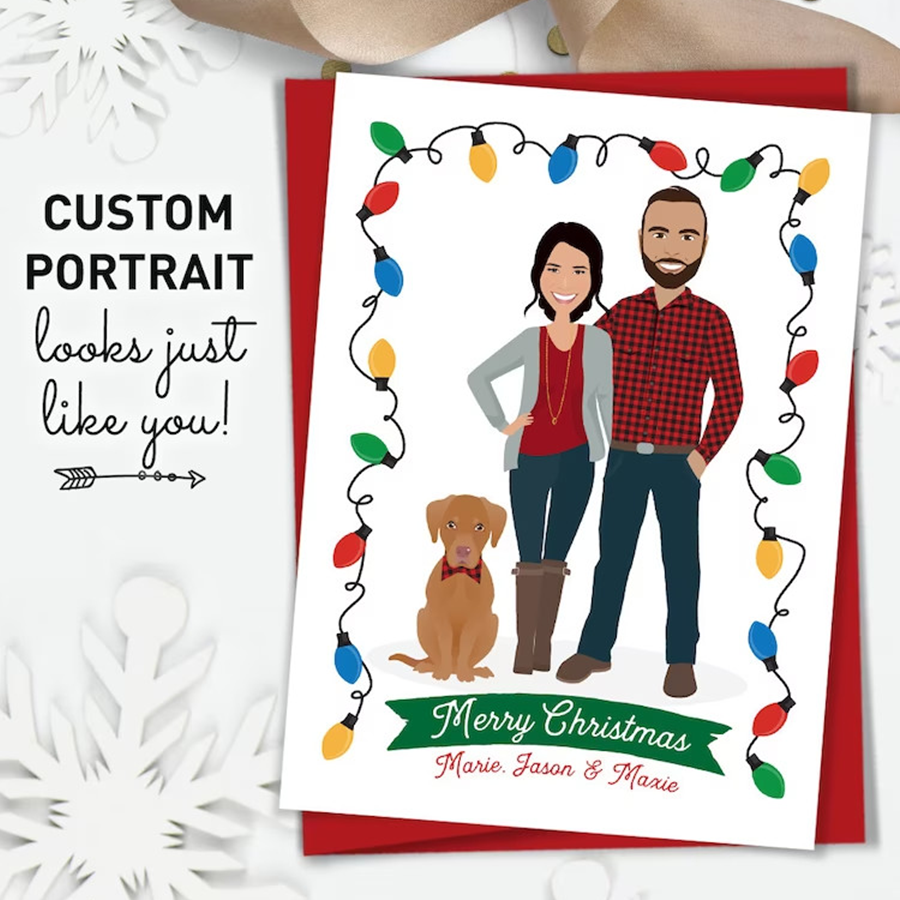 Custom Family Portrait with Pets Card, Custom Greeting Card, Christmas Family Gift