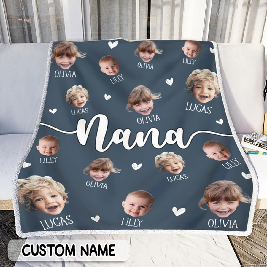 Grandma Blanket, Custom Kid Face With Name Blanket, Fleece, Sherpa, Minky Baby Blanket, Personalized Family Name Blanket, Christmas Gift
