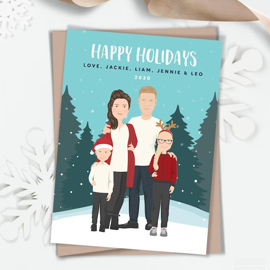 Family Portrait Custom Christmas Holiday Card, Christmas Card Printable, Christmas Photo Card, Family Illustration Greeting Card