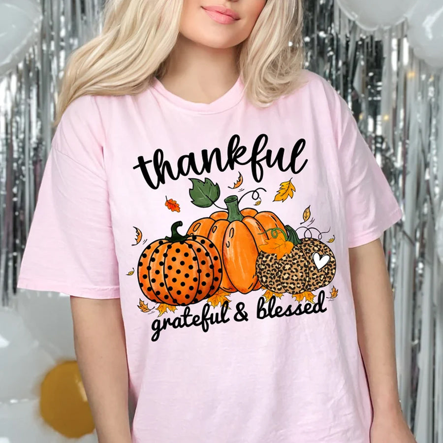 Thanksgiving Shirt, Thankful T-Shirt, Thankful Grateful Blessed Shirt, Leopard Pumpkin Print Tee, Love Fall Y'All Shirt, Fall Gift
