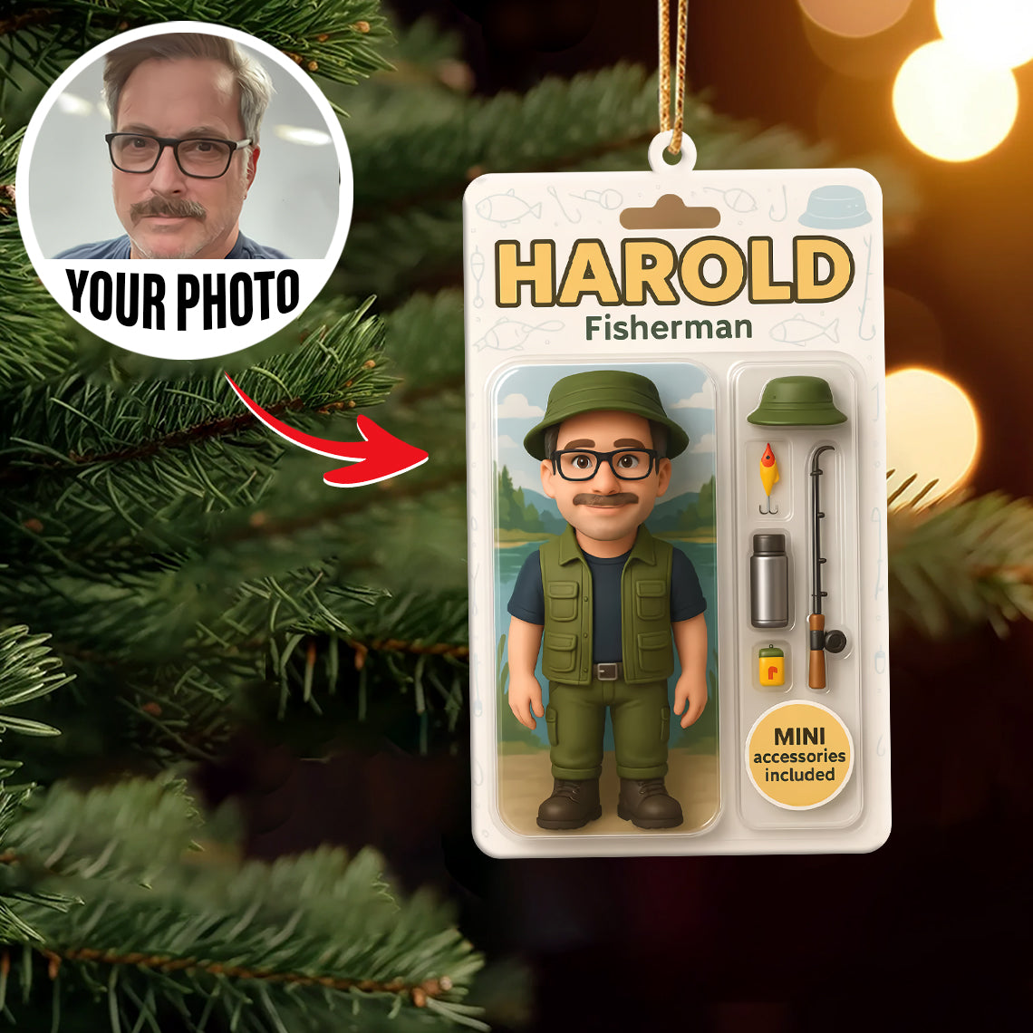 Turn Your Photo into an Action Figure - Custom Photo Ornament Toy Box Portrait | Fisherman