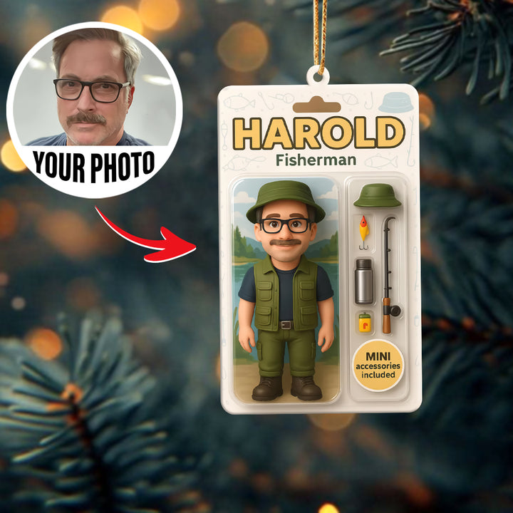 Turn Your Photo into an Action Figure - Custom Photo Ornament Toy Box Portrait | Fisherman
