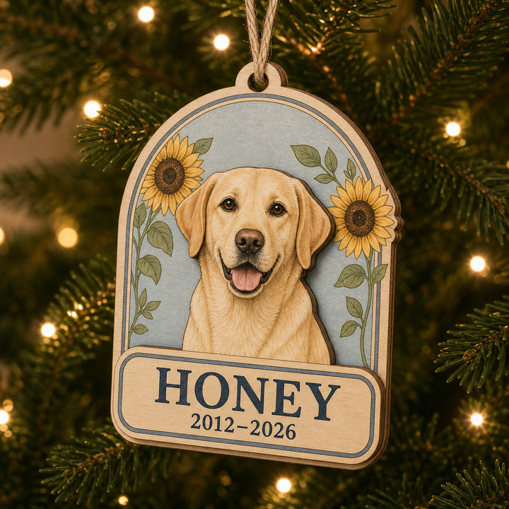 Personalized Sunflower Arch Pet Memorial Photo Wood Ornament - Custom Pet Keepsake - image 1