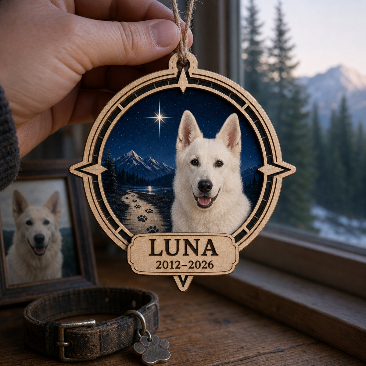 Personalized Moonlit Trail Compass Pet Memorial Photo Wood Ornament - Custom Pet Keepsake - image 4