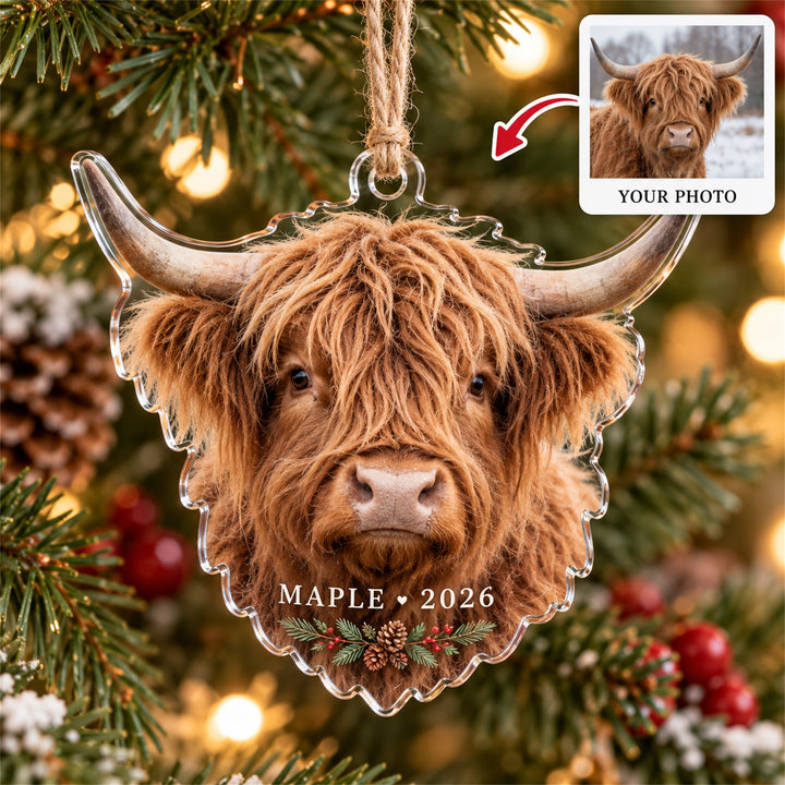 Personalized Highland Cow Photo Acrylic Ornament - Custom Christmas Keepsake - image 1