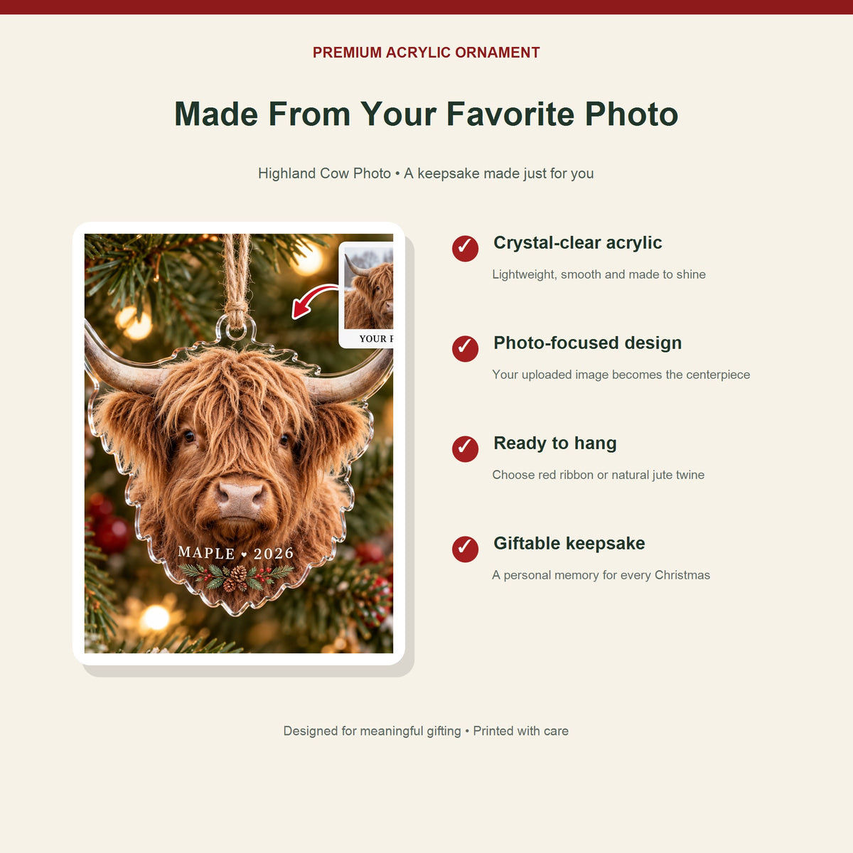 Personalized Highland Cow Photo Acrylic Ornament - Custom Christmas Keepsake - image 2