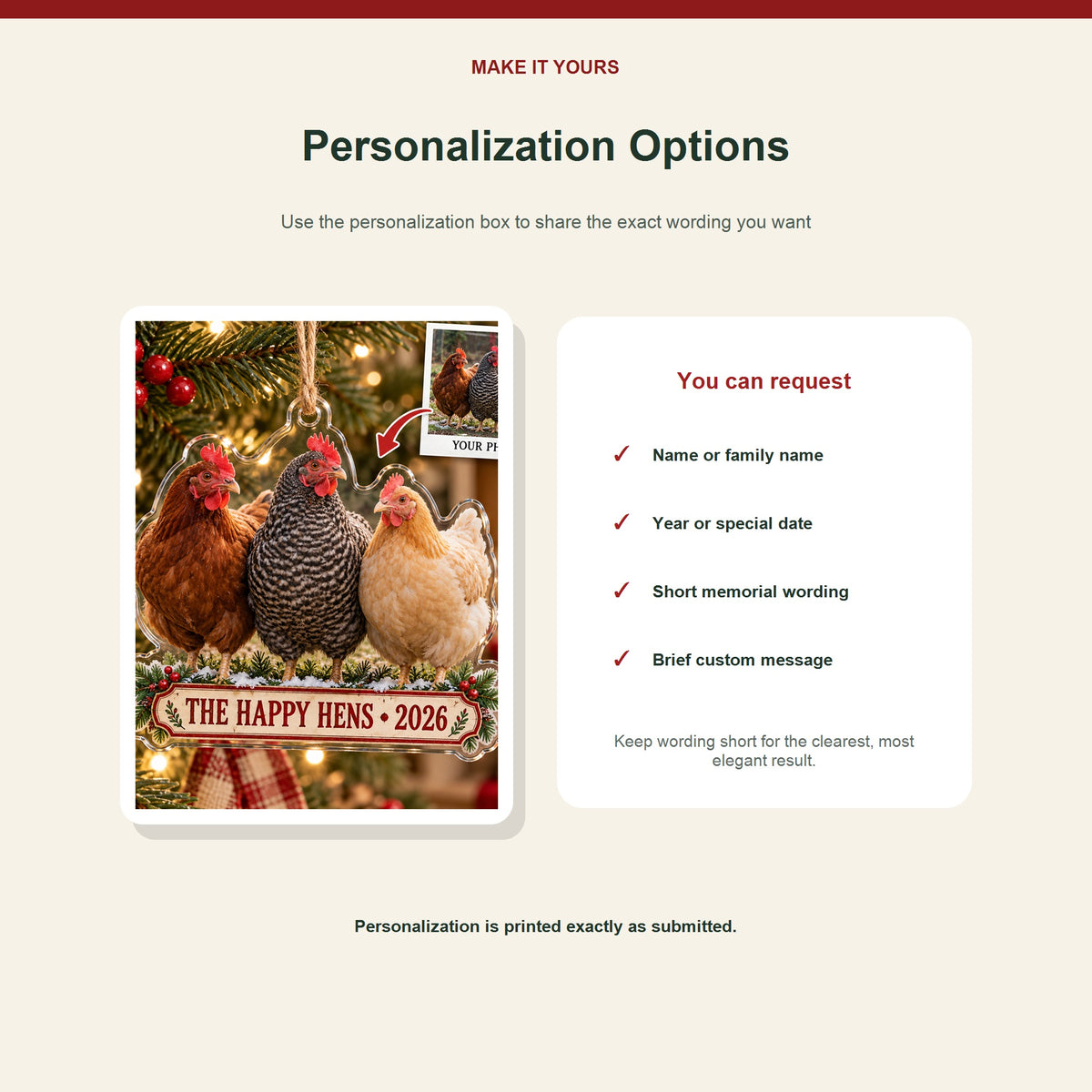 Personalized Backyard Chickens Acrylic Ornament - Custom Photo Keepsake - image 7