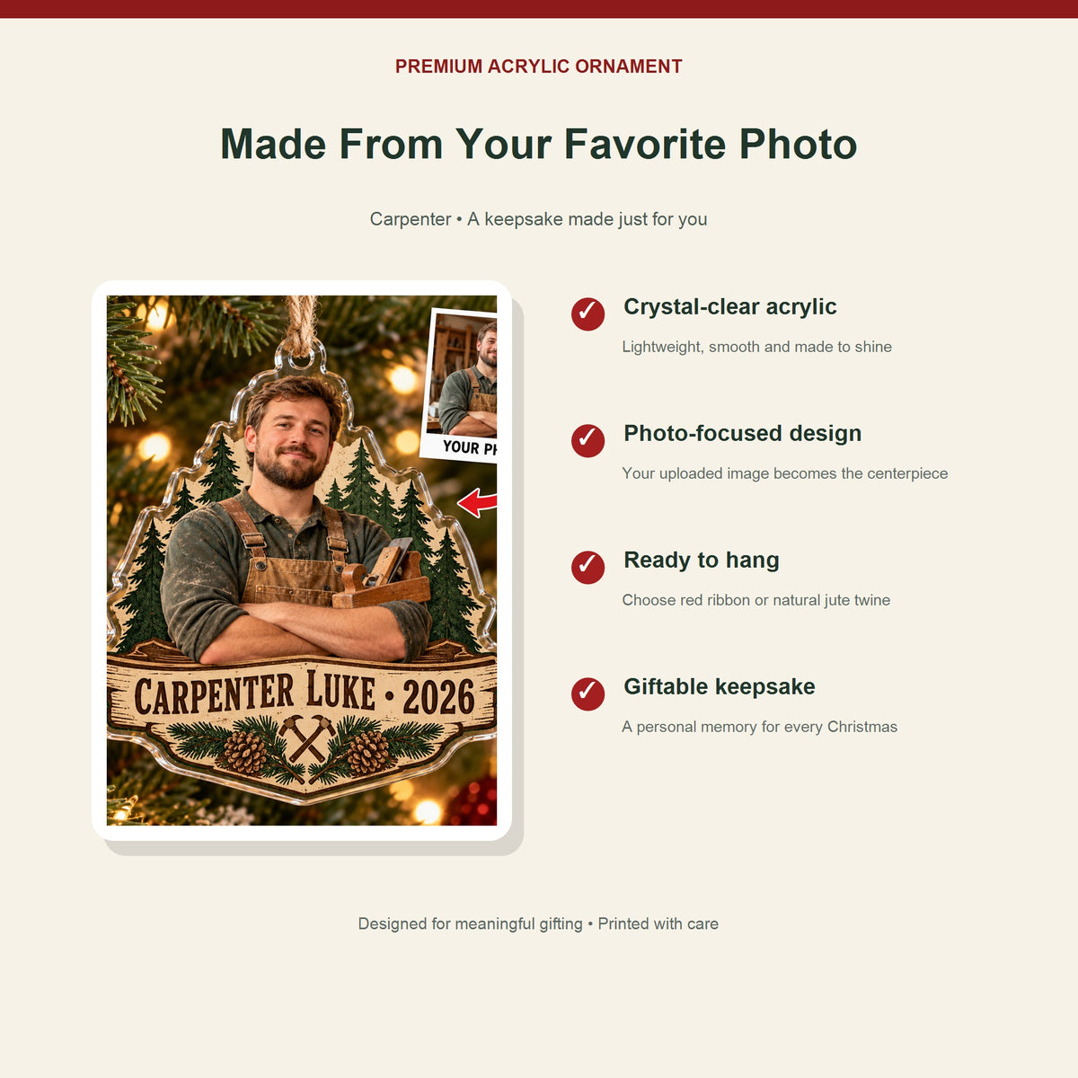 Personalized Carpenter Photo Acrylic Ornament - Custom Christmas Keepsake - image 2