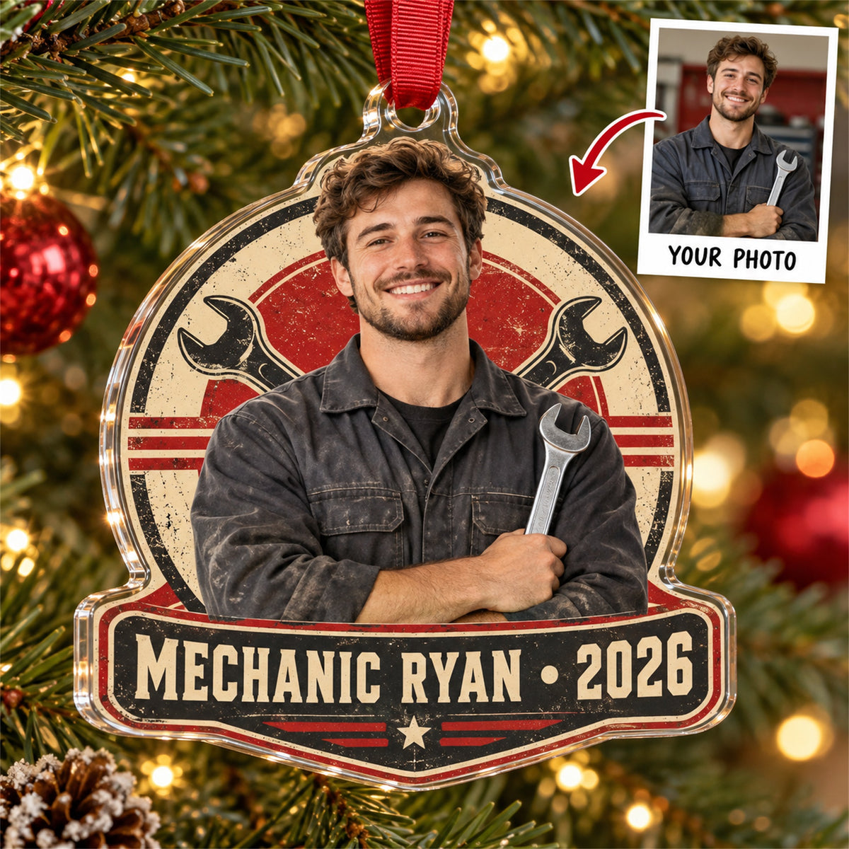 Personalized Mechanic Photo Acrylic Ornament - Custom Christmas Keepsake - image 1