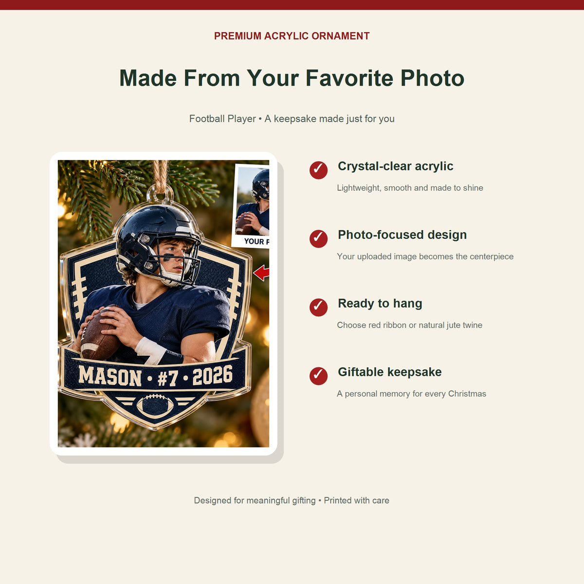Personalized Football Photo Acrylic Ornament - Custom Athlete Christmas Keepsake - image 2