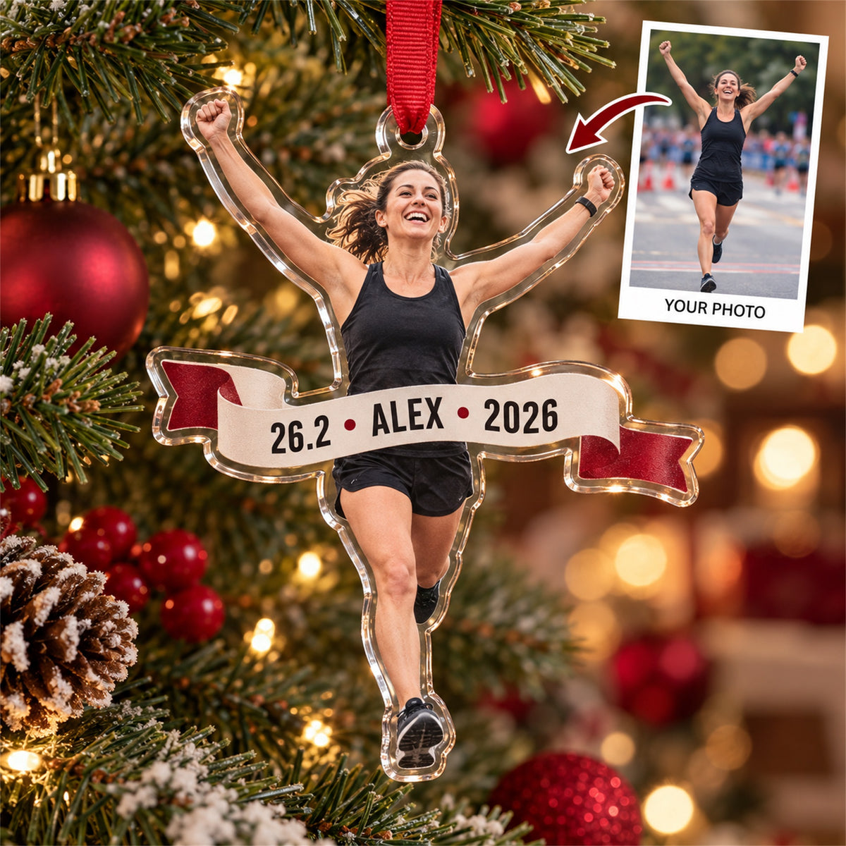 Personalized Marathon Runner Photo Acrylic Ornament - Custom Athlete Christmas Keepsake - image 1