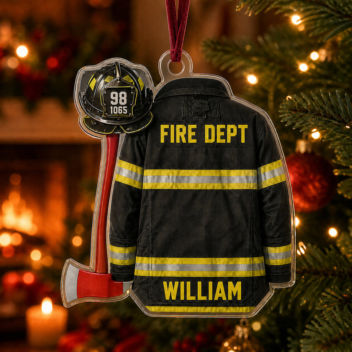 Personalized Firefighter Turnout Gear Acrylic Ornament - Custom Name Christmas Keepsake - image 1