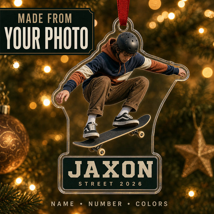 Personalized Skateboarding Photo Acrylic Ornament - Custom Athlete Christmas Keepsake - image 1