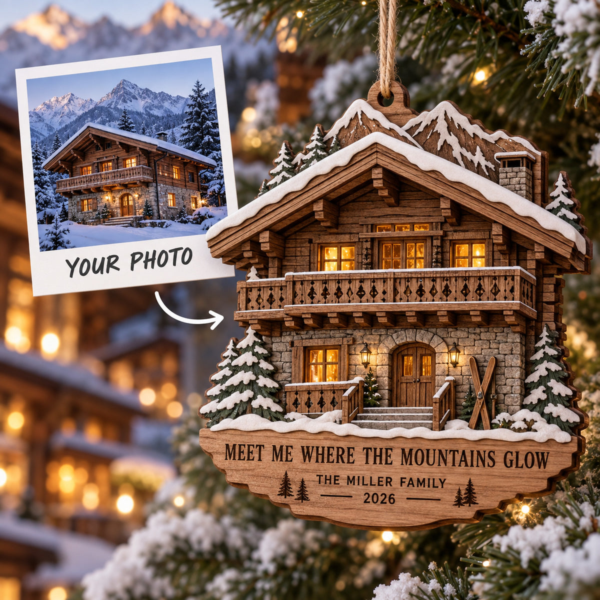 Personalized Alpine Apres Ski Chalet Wood Ornament - Custom Keepsake - image 1