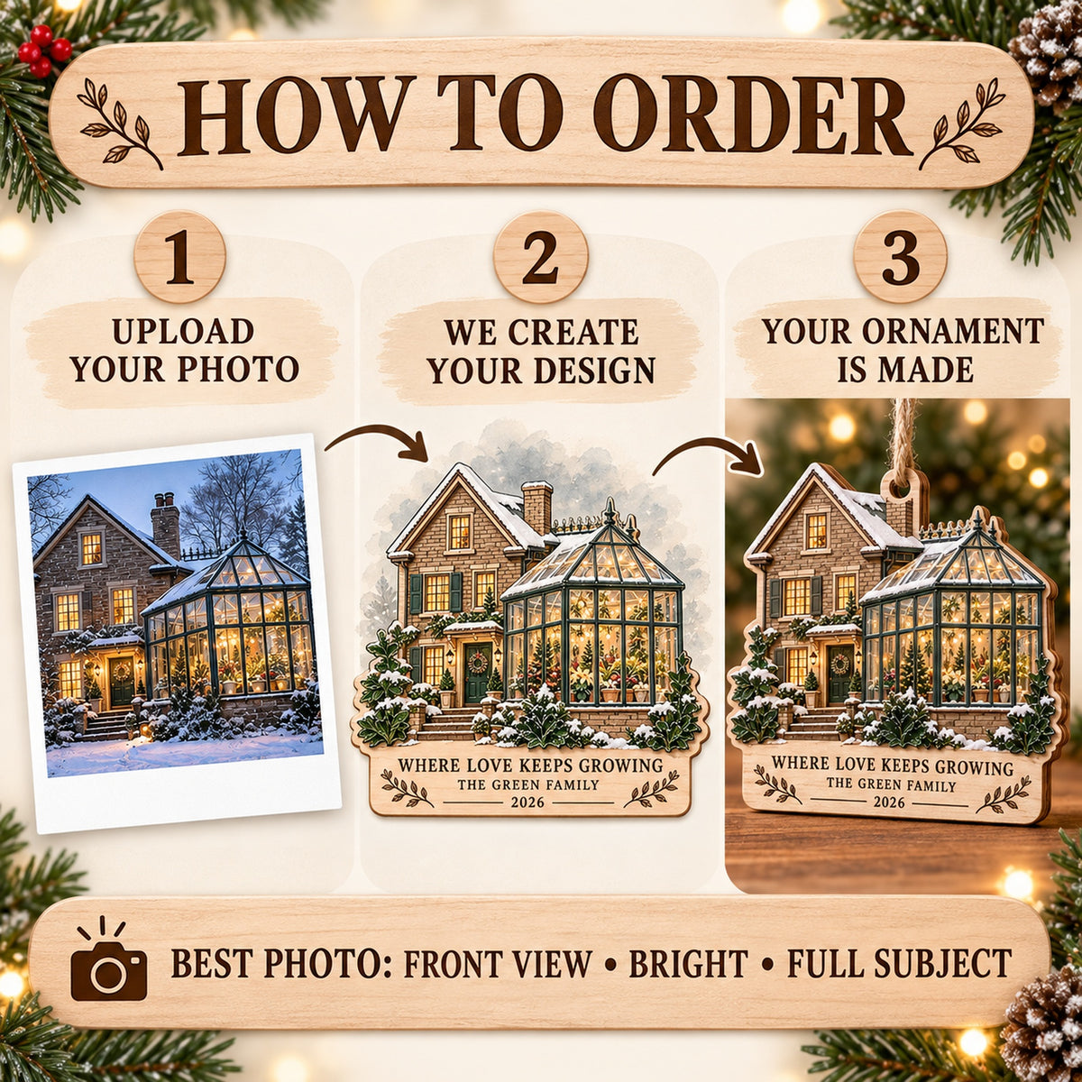 Personalized Christmas Glasshouse Wood Ornament - Custom Keepsake - image 5