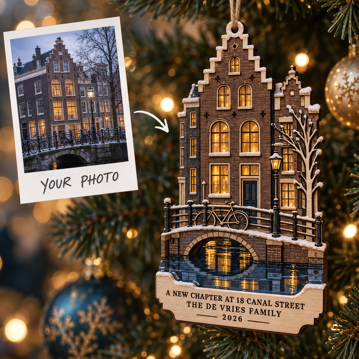 Personalized Amsterdam Canal Christmas Wood Ornament - Custom Keepsake - image 1