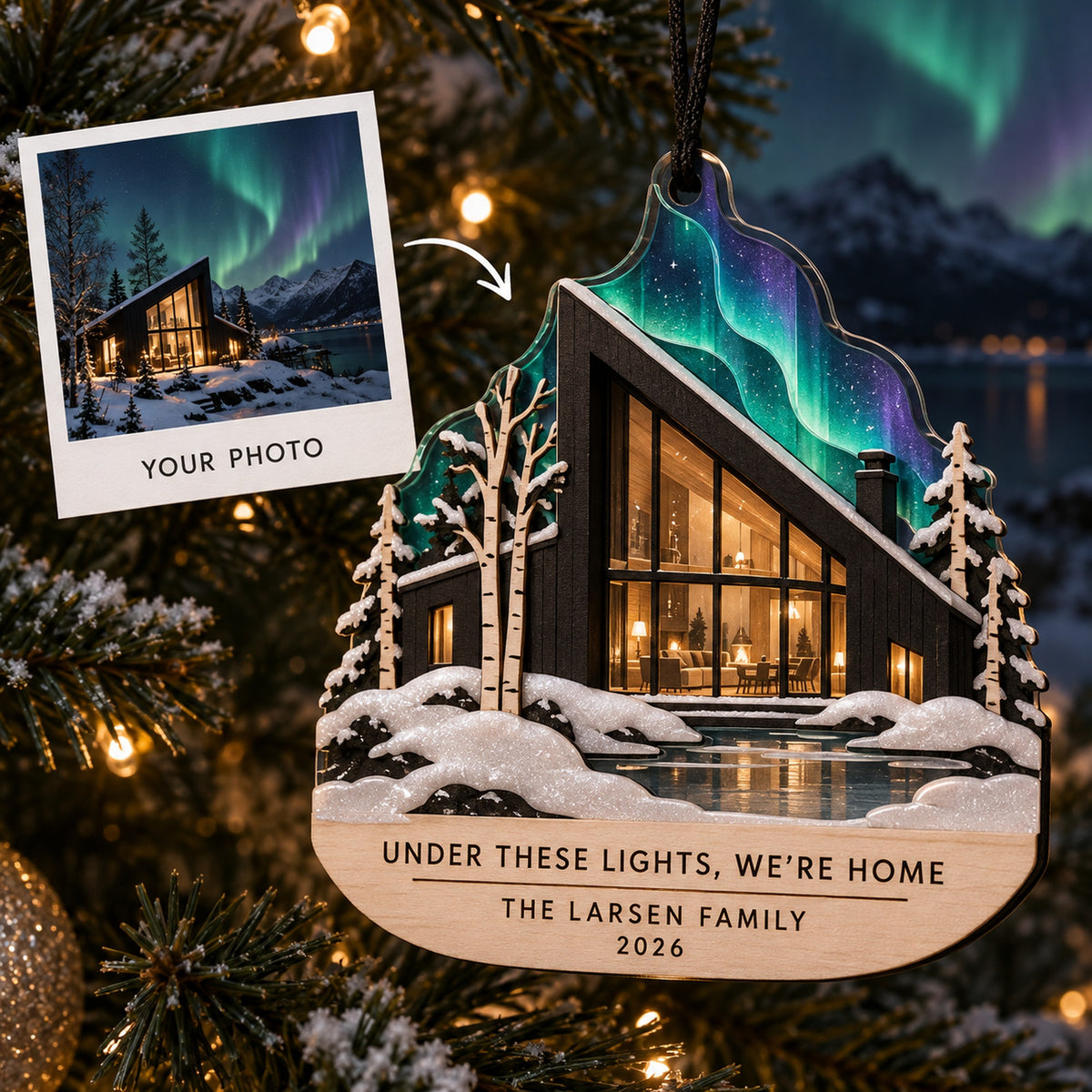 Personalized Nordic Aurora Cabin Wood Ornament - Custom Keepsake - image 1