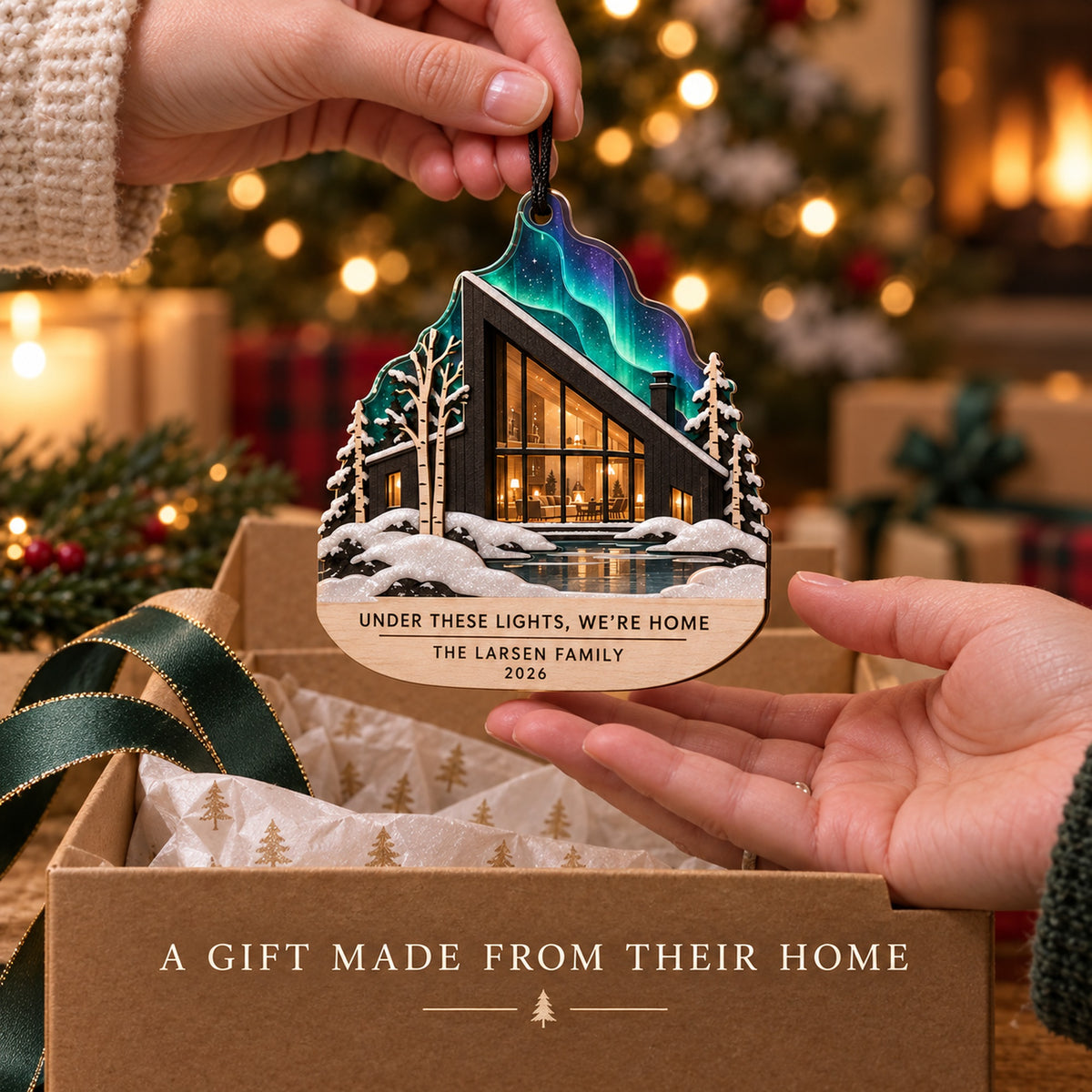 Personalized Nordic Aurora Cabin Wood Ornament - Custom Keepsake - image 3
