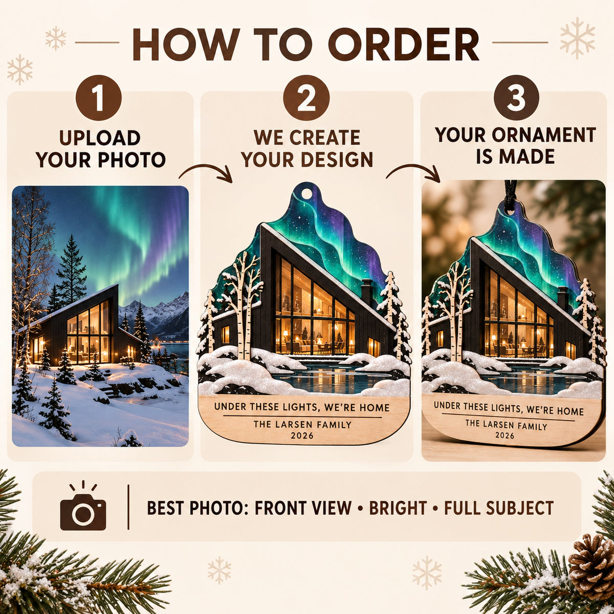 Personalized Nordic Aurora Cabin Wood Ornament - Custom Keepsake - image 5