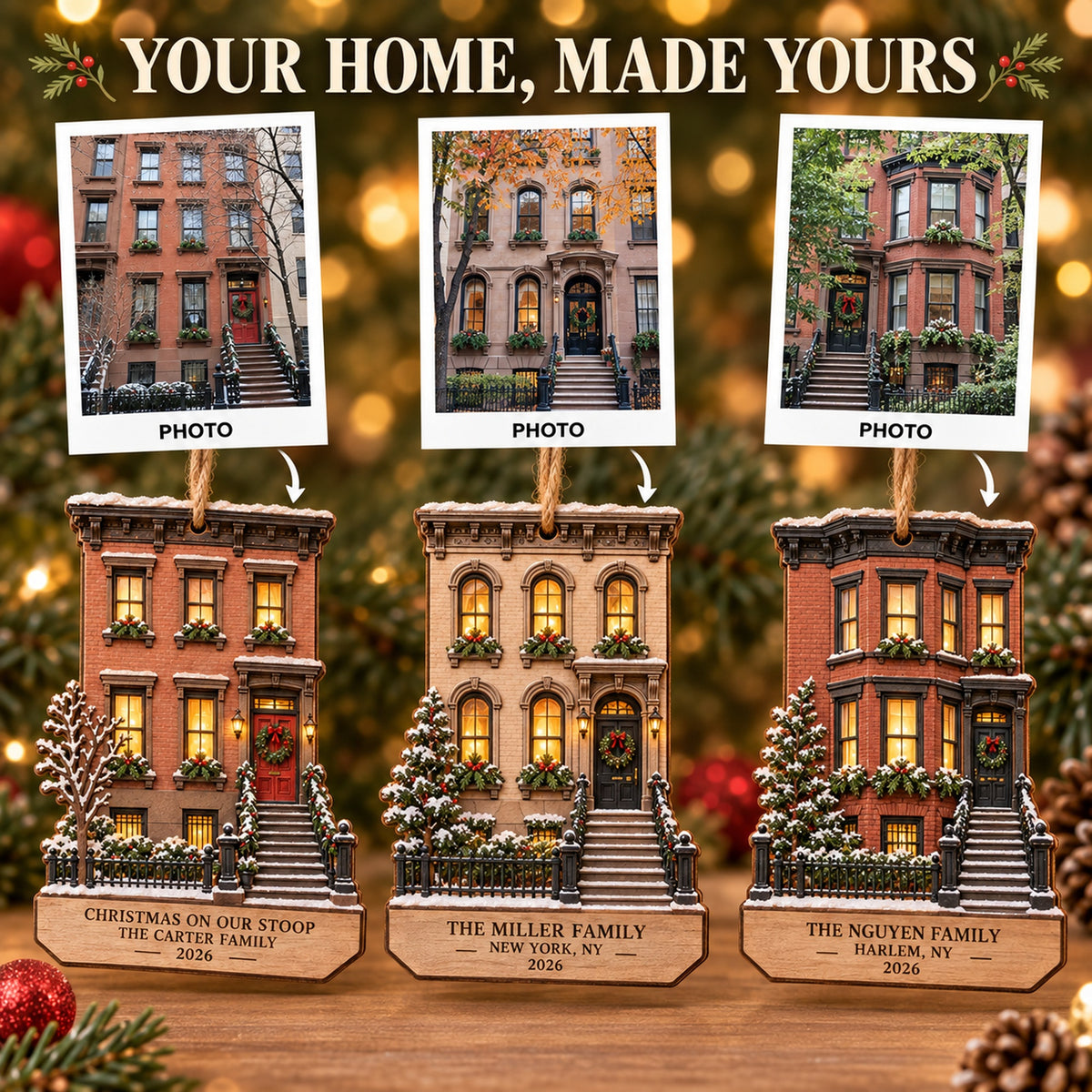 Personalized New York Brownstone Christmas Wood Ornament - Custom Keepsake - image 2