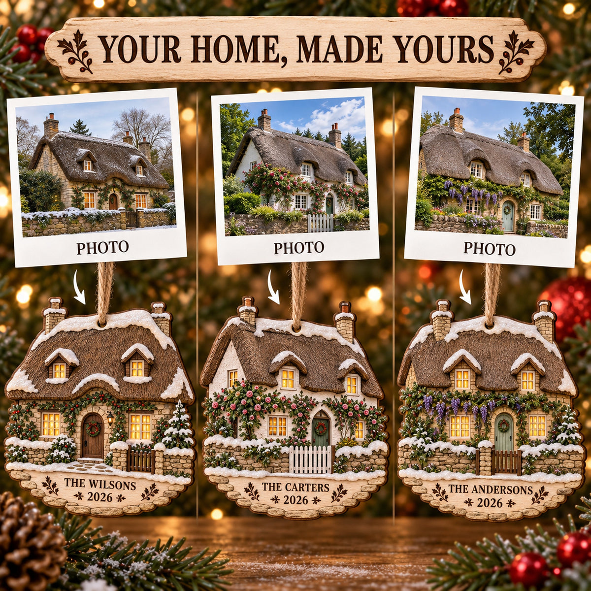 Personalized English Thatched Cottage Wood Ornament - Custom Keepsake - image 2