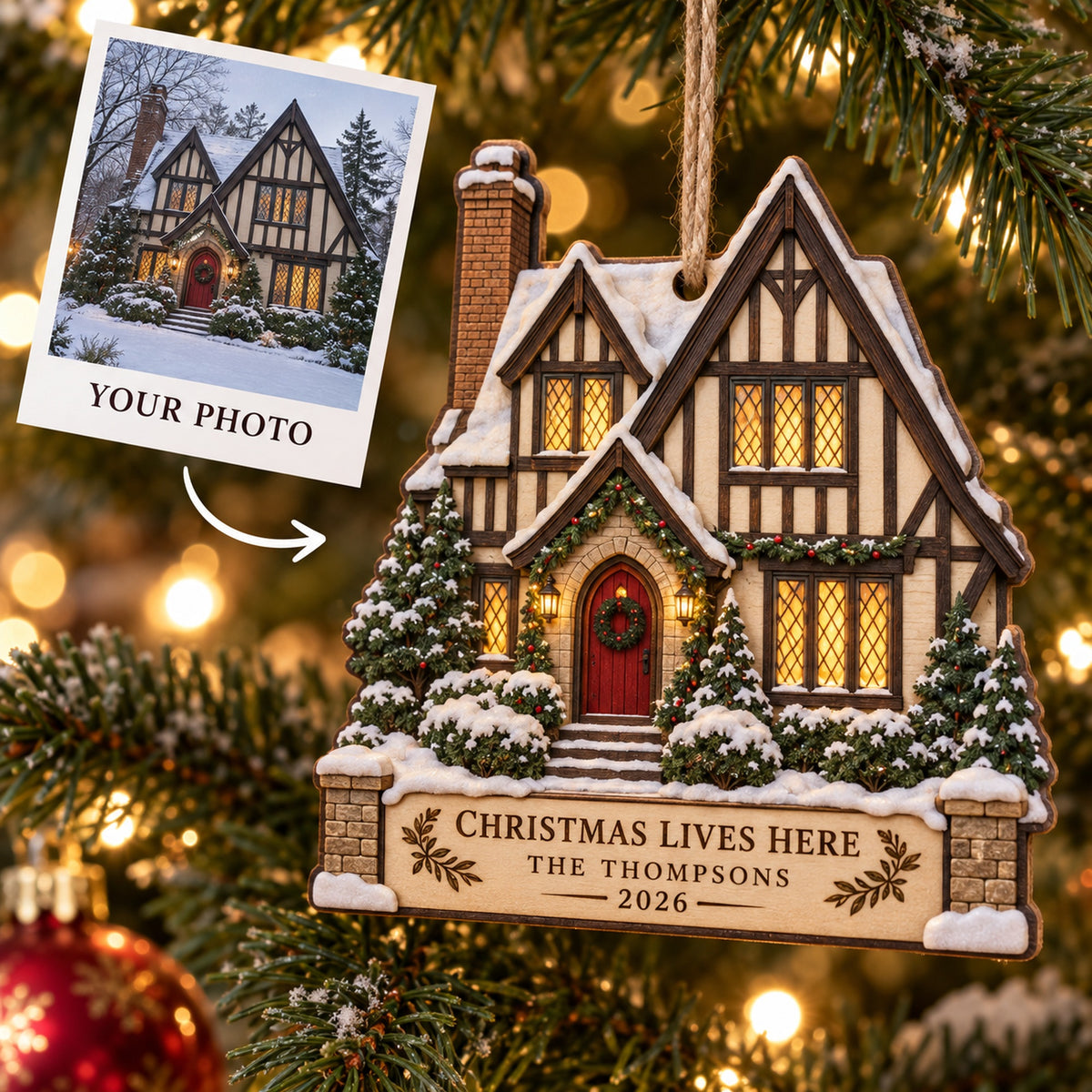 Personalized Tudor Storybook Christmas Wood Ornament - Custom Keepsake - image 1