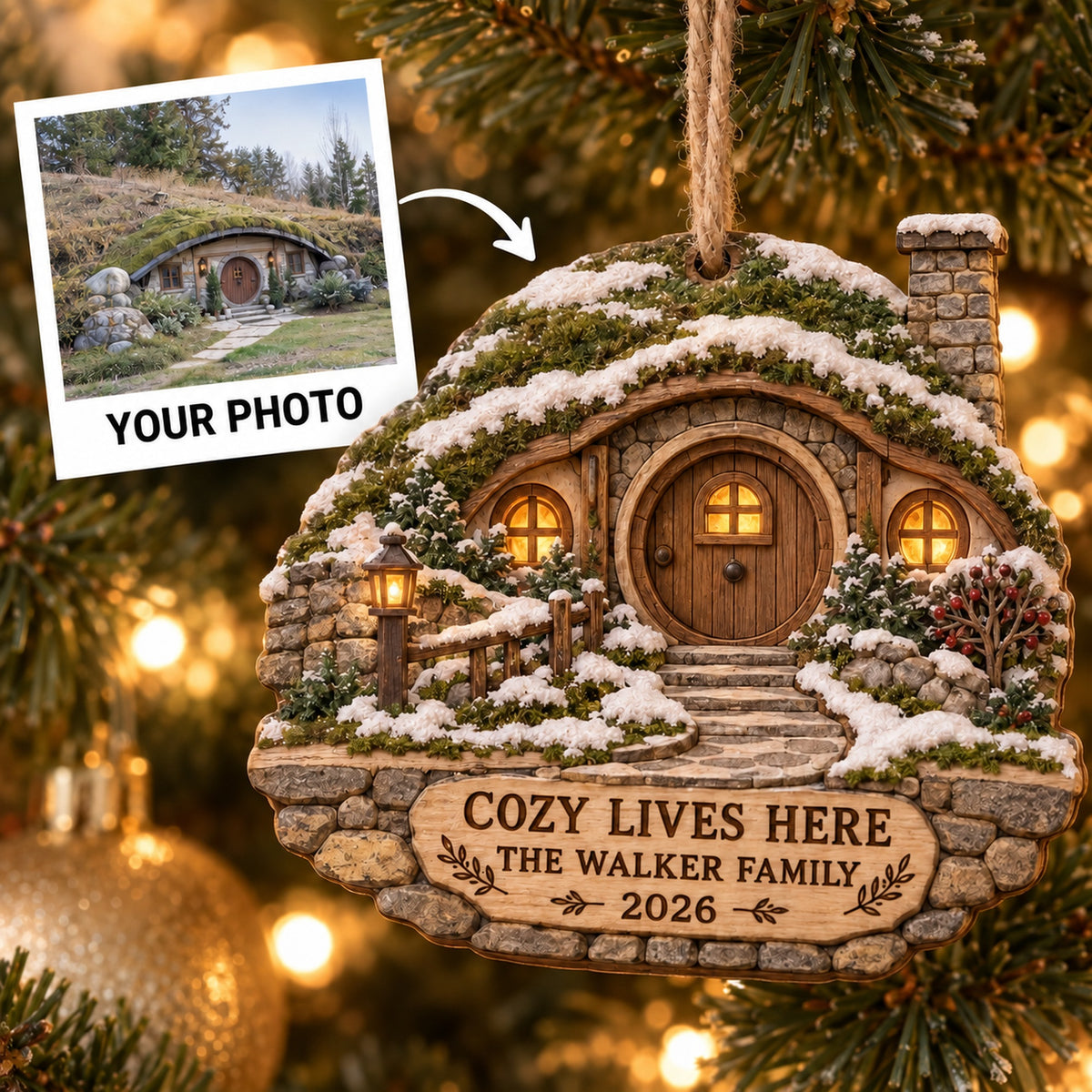 Personalized Earth Sheltered Winter Cottage Wood Ornament - Custom Keepsake - image 1