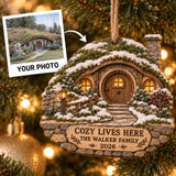 Personalized Earth Sheltered Winter Cottage Wood Ornament - Custom Keepsake - image 1
