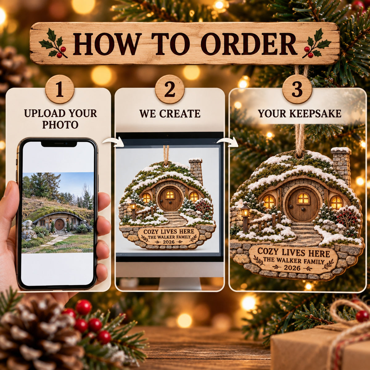 Personalized Earth Sheltered Winter Cottage Wood Ornament - Custom Keepsake - image 4